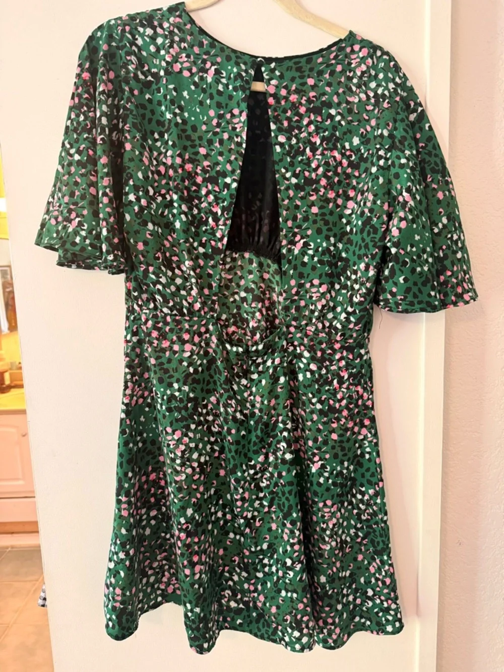 Topshop Green Floral Print Mini Dress UK 14 US 10 Flutter Sleeve Keyhole Back - Picture 2 of 9